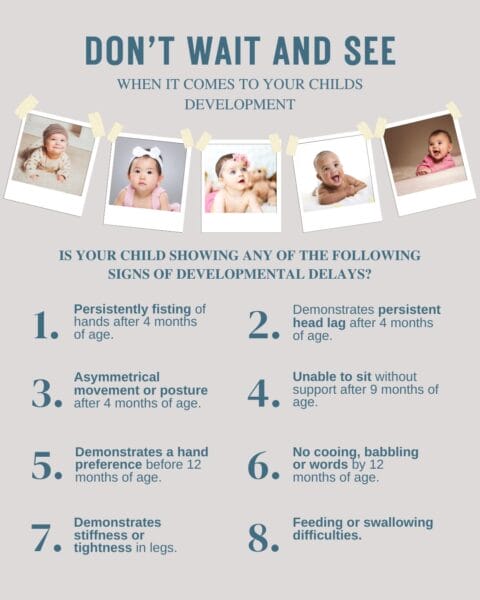 Infographic titled "Early Detection for Cerebral Palsy: Don't Wait and See" listing signs of developmental delays in children by age, with photo examples.