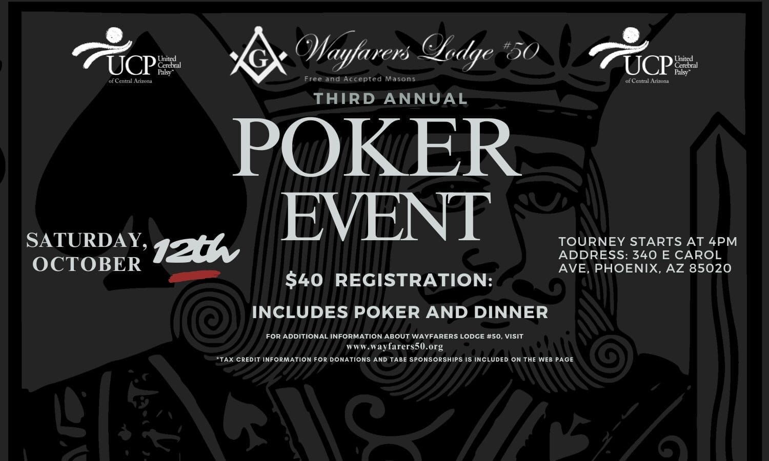 Flyer for the Third Annual Poker Event hosted by Wayfarers Lodge 50 and UCP, supporting those with Cerebral Palsy, on Saturday, October 12. $40 registration includes poker and dinner. Starts at 4 PM, 340 E Carol Ave, Phoenix, AZ 85020.