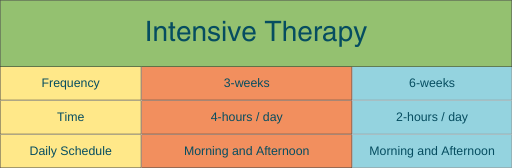 A table outlining two intensive therapy schedules: a 3-week program with 4 hours/day, and a 6-week program with 2 hours/day. Both options, aimed at pediatric therapy, feature sessions in the morning and afternoon.