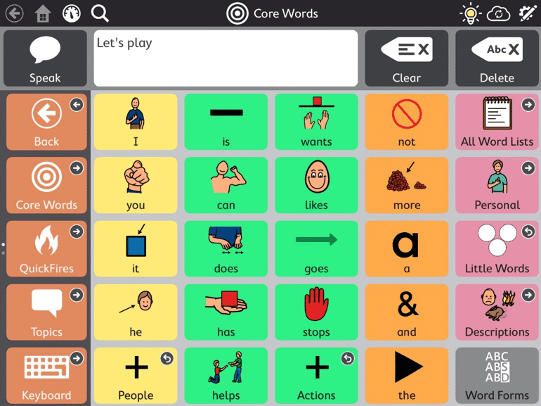 A picture of a Augmentative and alternative communication device screen