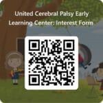 A QR code for the United Cerebral Palsy Early Learning Center interest form is set against a softly blurred background of children joyfully playing, capturing the spirit of discovery and growth.