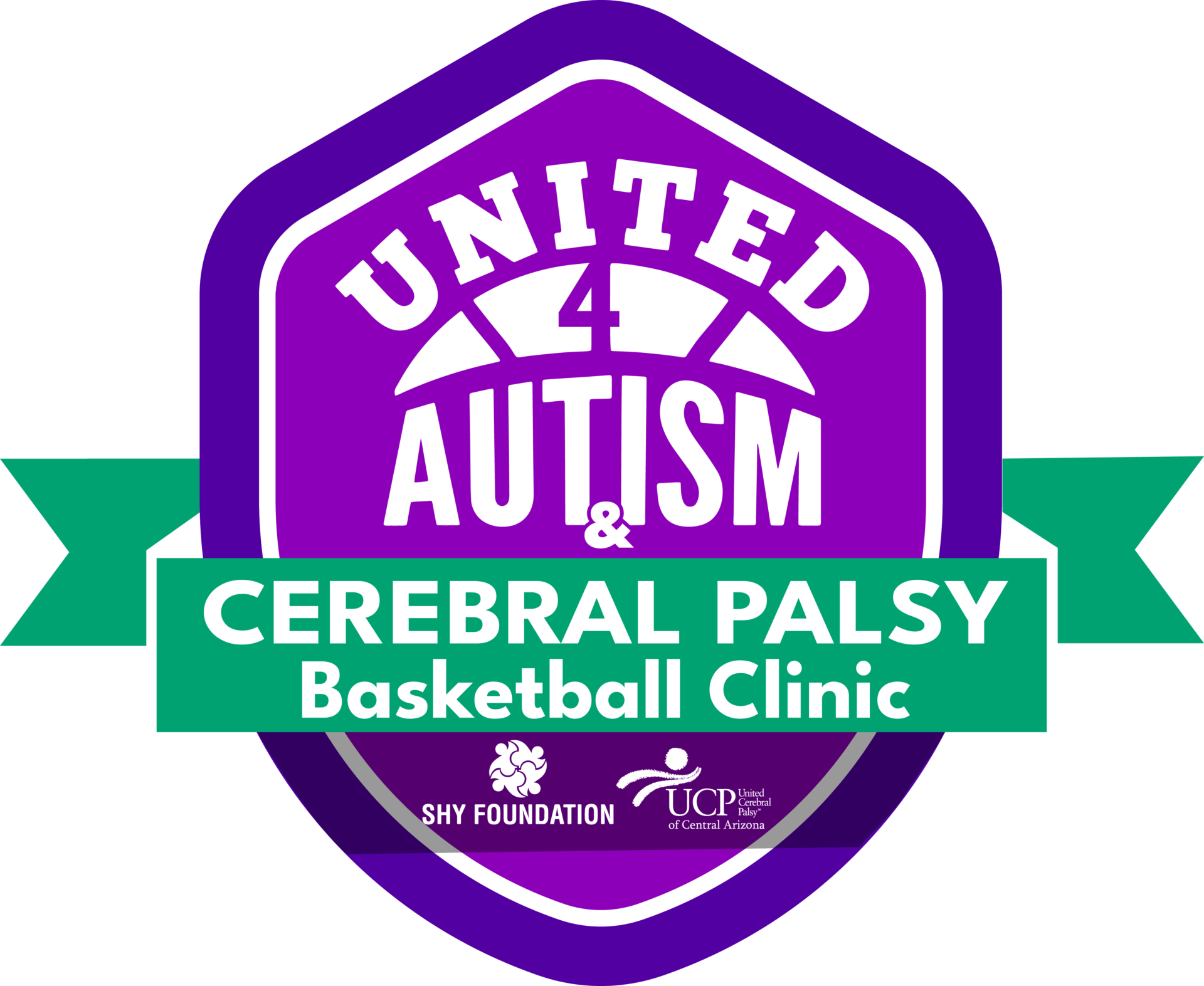 United autism and cerebral palsy basketball clinic logo for events.