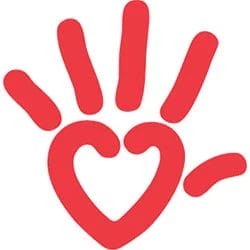 A red hand with a heart in it representing the community-based services at Cerebral Palsy of Arizona's Early Learning Center.